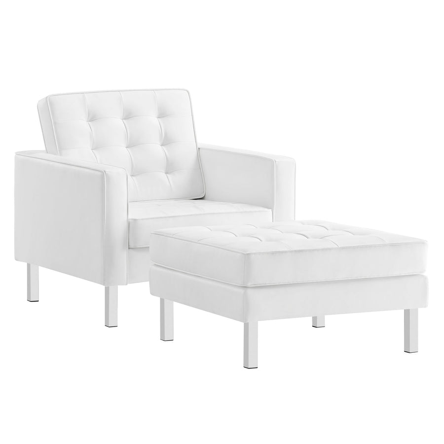 Mesa Tufted Vegan Leather Armchair and Ottoman Set in Silver White
