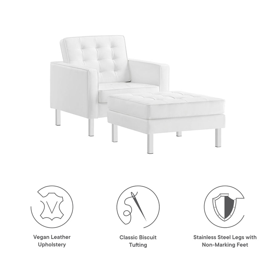 Mesa Tufted Vegan Leather Armchair and Ottoman Set in Silver White