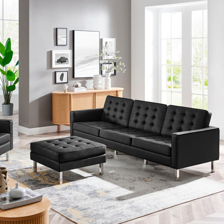 Loft Tufted Vegan Leather Sofa and Ottoman Set in Silver Black