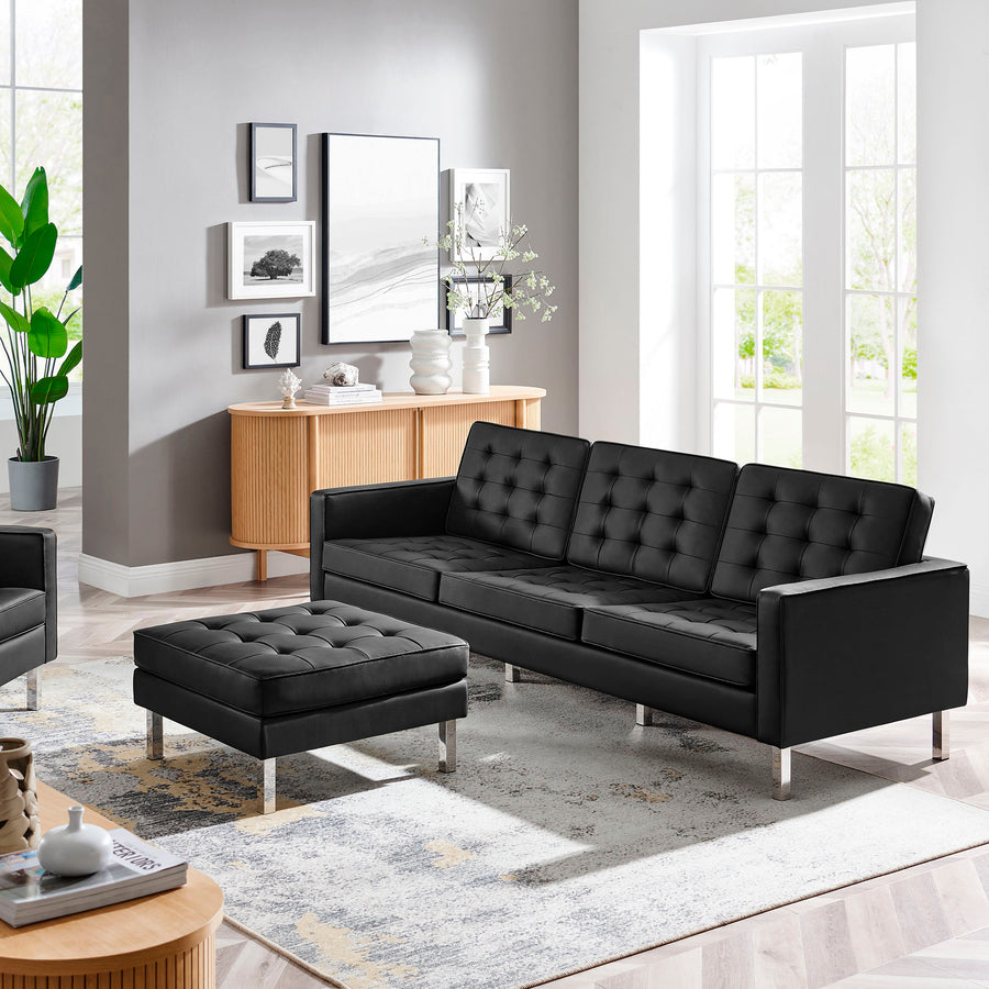 Mesa Tufted Vegan Leather Sofa and Ottoman Set in Silver Black