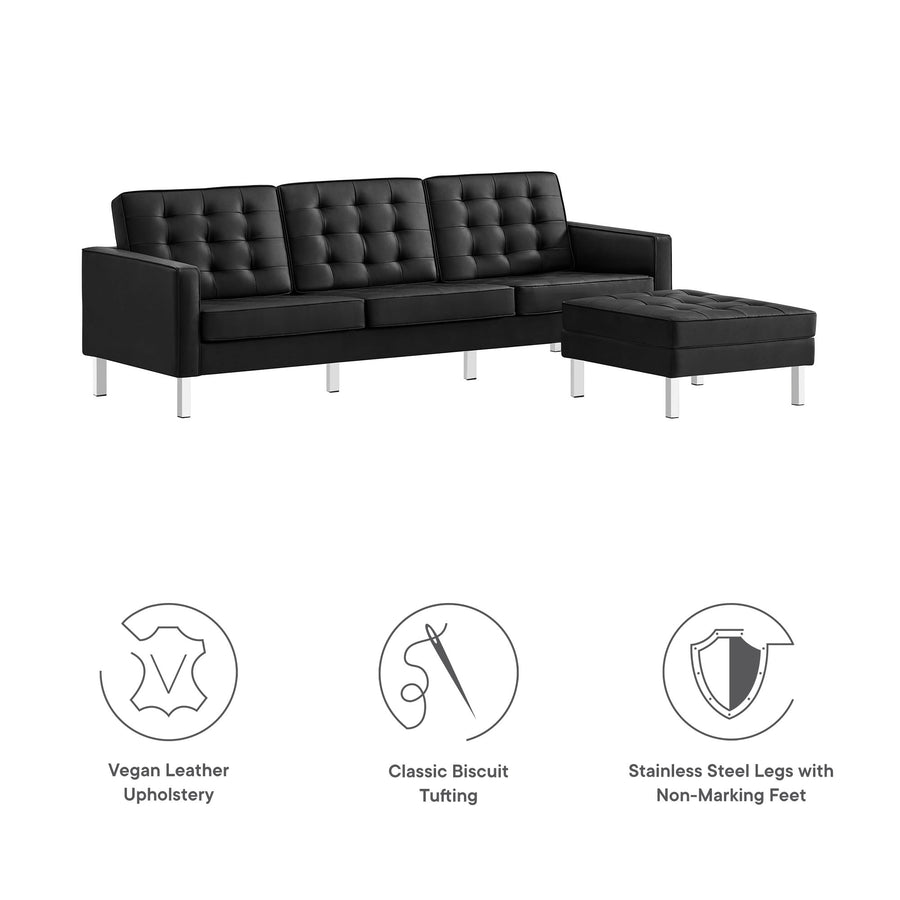 Mesa Tufted Vegan Leather Sofa and Ottoman Set in Silver Black