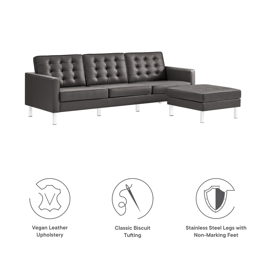 Mesa Tufted Vegan Leather Sofa and Ottoman Set in Silver Gray