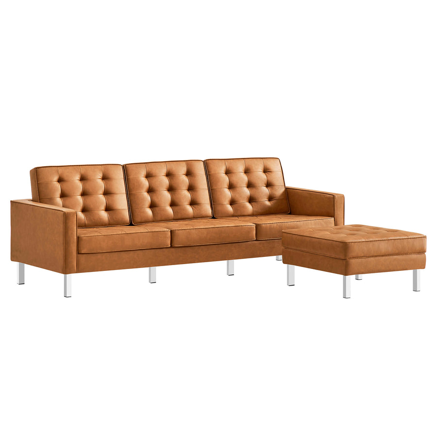 Mesa Tufted Vegan Leather Sofa and Ottoman Set in Silver Tan
