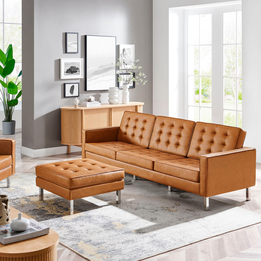Mesa Tufted Vegan Leather Sofa and Ottoman Set in Silver Tan