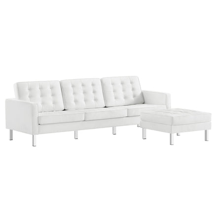 Loft Tufted Vegan Leather Sofa and Ottoman Set in Silver White