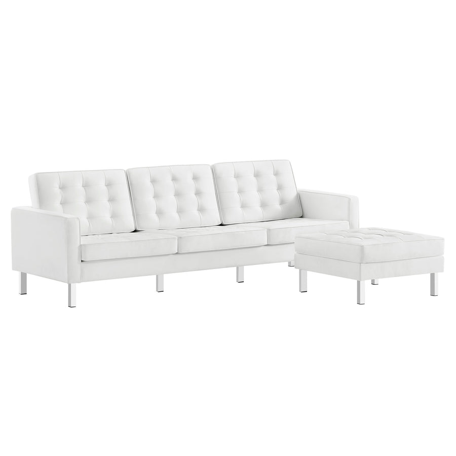 Mesa Tufted Vegan Leather Sofa and Ottoman Set in Silver White