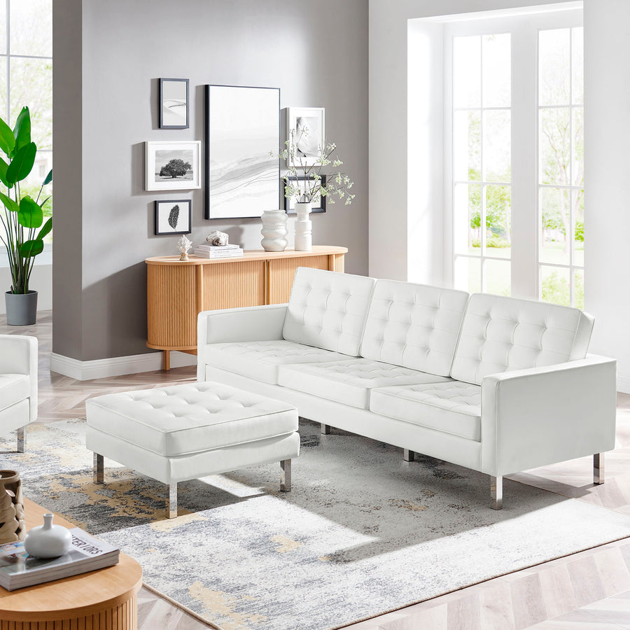 Mesa Tufted Vegan Leather Sofa and Ottoman Set in Silver White