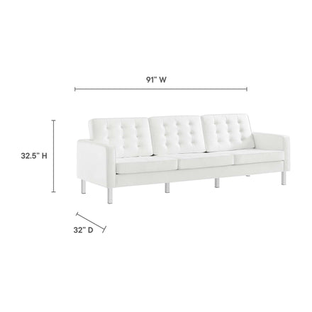 Loft Tufted Vegan Leather Sofa and Ottoman Set in Silver White