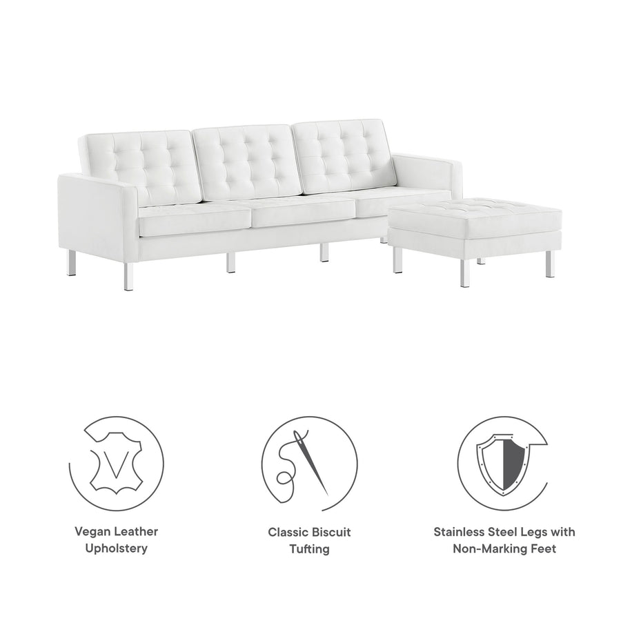 Mesa Tufted Vegan Leather Sofa and Ottoman Set in Silver White