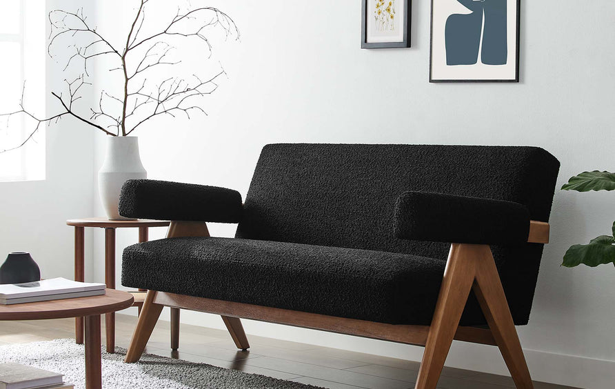 Sable Boucle Fabric Loveseat in Black