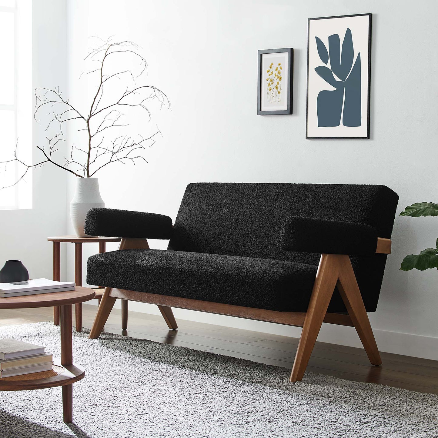 Sable Boucle Fabric Loveseat in Black