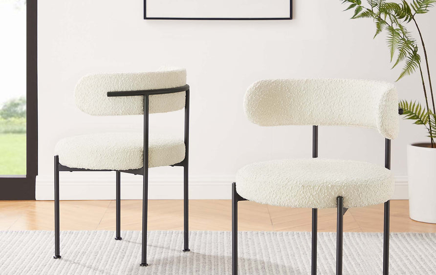 Wheat Boucle Fabric Dining Chairs Set of 2 in Ivory Black
