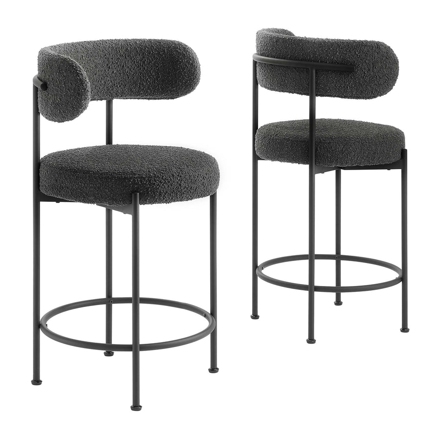 Wheat Boucle Fabric Counter Stools Set of 2 in Charcoal Black