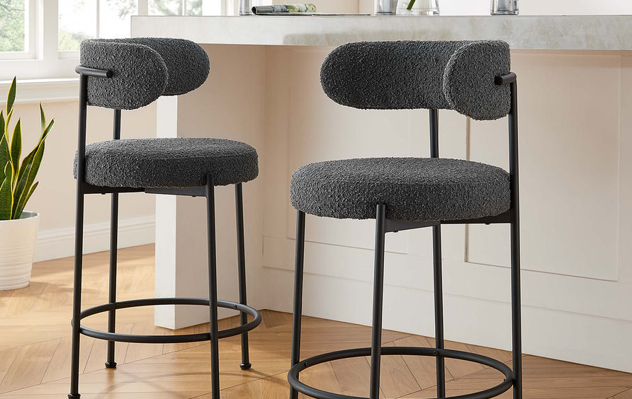 Wheat Boucle Fabric Counter Stools Set of 2 in Charcoal Black