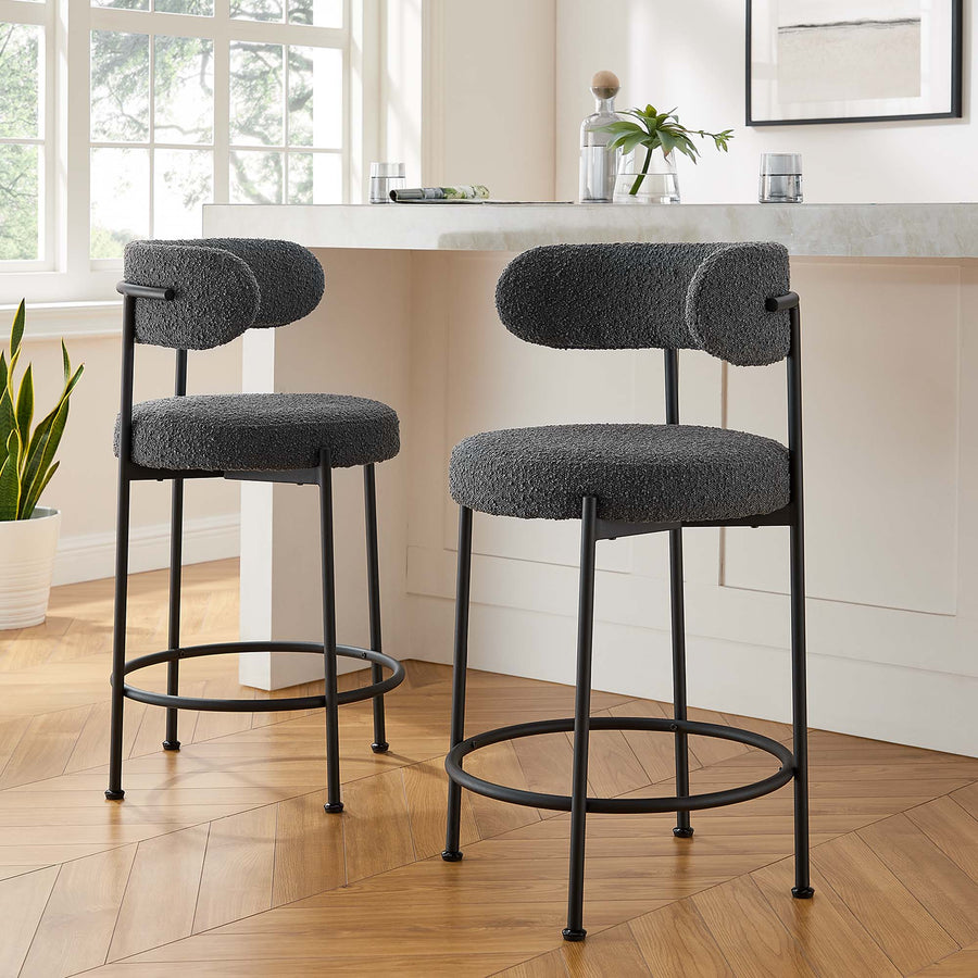 Wheat Boucle Fabric Counter Stools Set of 2 in Charcoal Black