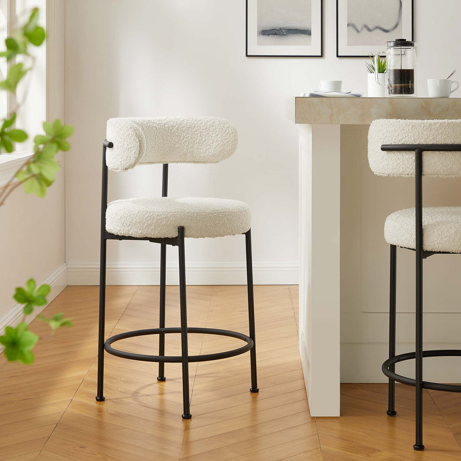 Wheat Boucle Fabric Counter Stools Set of 2 in Ivory Black