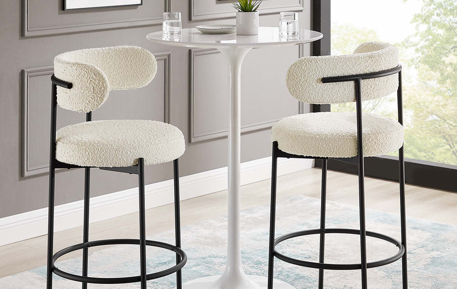 Wheat Boucle Fabric Bar Stools Set of 2 in Ivory Black
