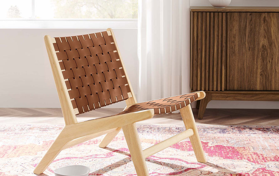 Aurora Leather Wood Accent Lounge Chair in Natural Brown