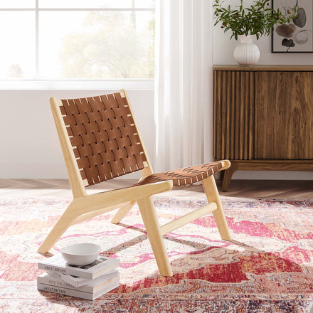 Saoirse Leather Wood Accent Lounge Chair in Natural Brown