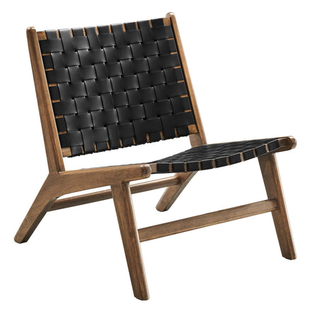 Saoirse Leather Wood Accent Lounge Chair in Walnut Black