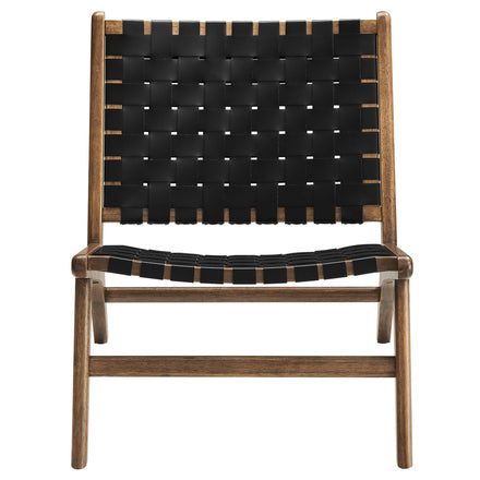 Saoirse Leather Wood Accent Lounge Chair in Walnut Black