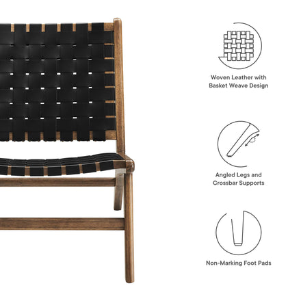 Saoirse Leather Wood Accent Lounge Chair in Walnut Black