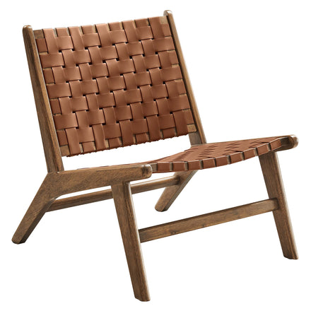 Saoirse Leather Wood Accent Lounge Chair in Walnut Brown