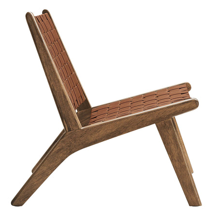 Saoirse Leather Wood Accent Lounge Chair in Walnut Brown