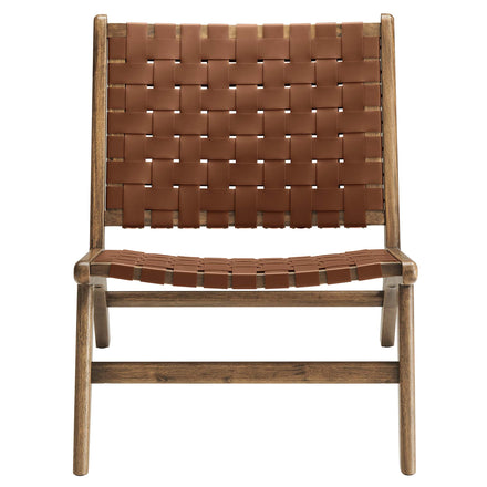 Saoirse Leather Wood Accent Lounge Chair in Walnut Brown