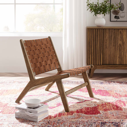 Saoirse Leather Wood Accent Lounge Chair in Walnut Brown