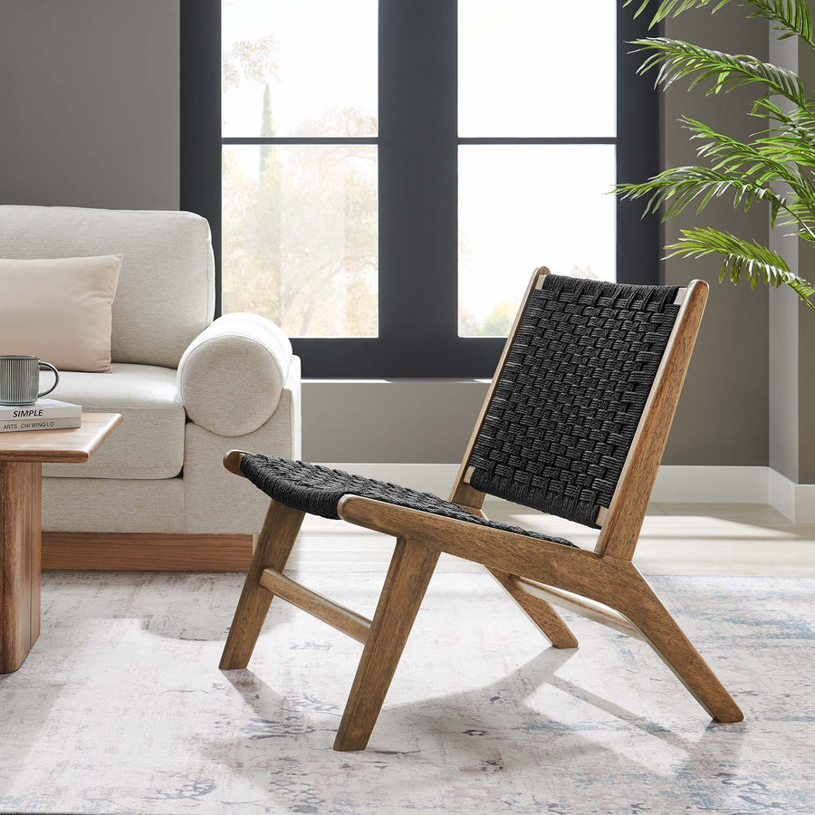 Aurora Woven Rope Wood Accent Lounge Chair in Walnut Black