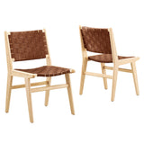 Aurora Leather Wood Dining Side Chair Set of 2 in Natural Brown
