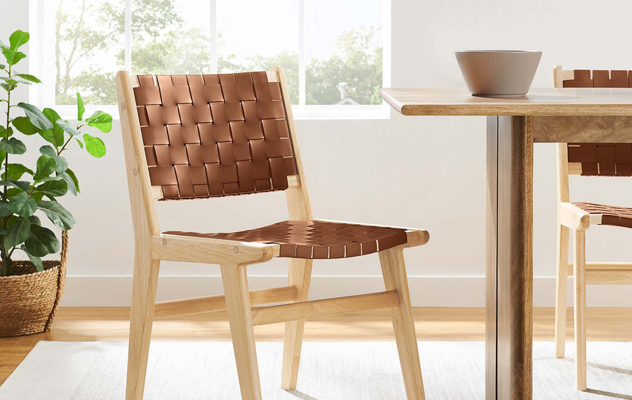 Aurora Leather Wood Dining Side Chair Set of 2 in Natural Brown
