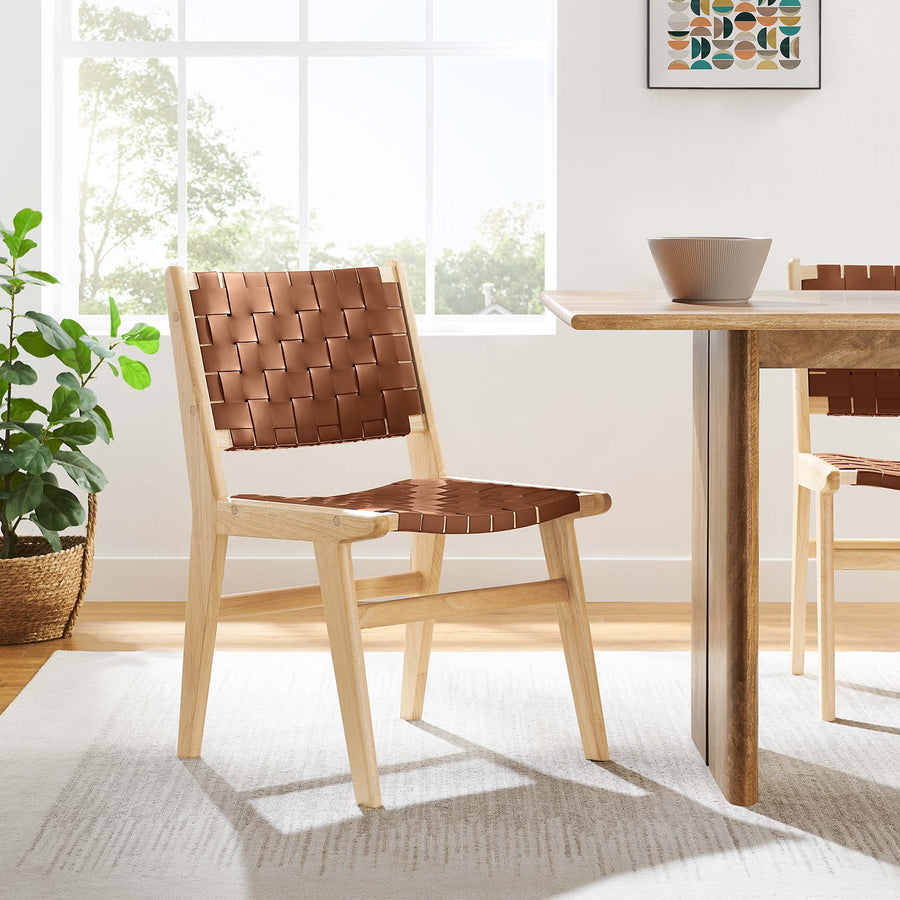 Aurora Leather Wood Dining Side Chair Set of 2 in Natural Brown