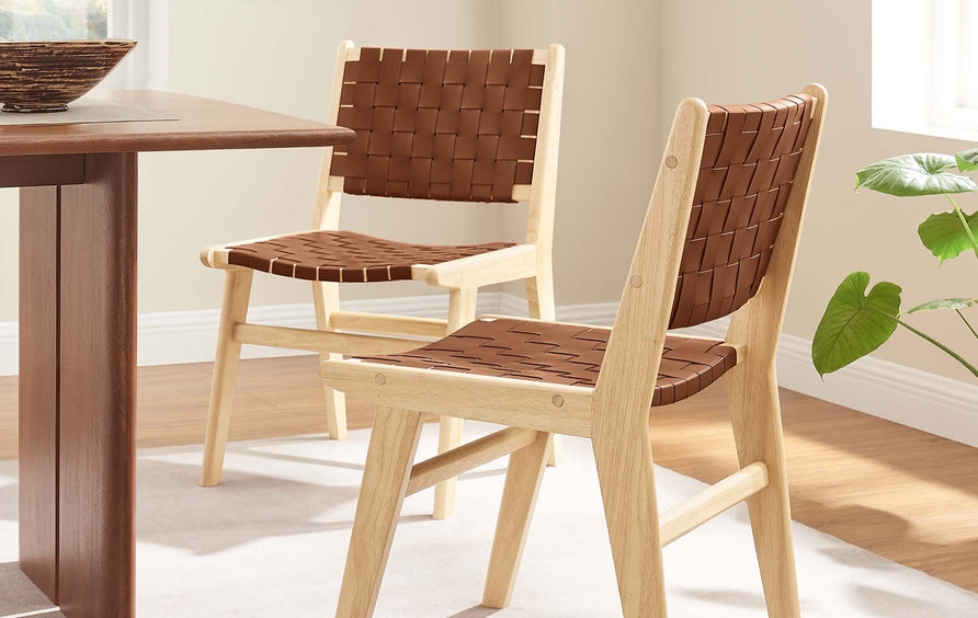 Aurora Leather Wood Dining Side Chair Set of 2 in Natural Brown