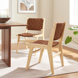 Aurora Leather Wood Dining Side Chair Set of 2 in Natural Brown