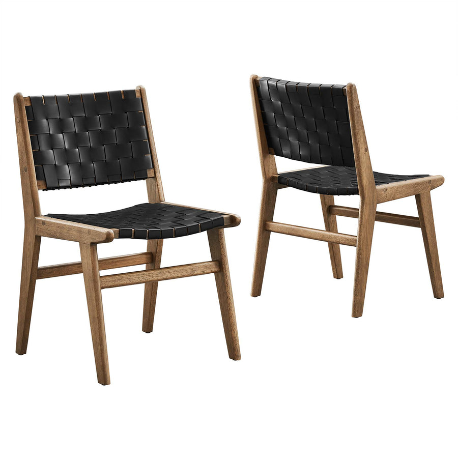Aurora Leather Wood Dining Side Chair Set of 2 in Walnut Black