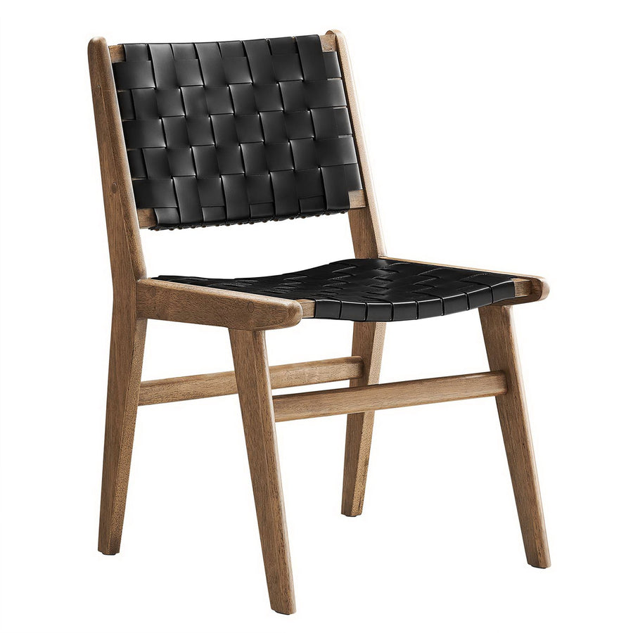 Aurora Leather Wood Dining Side Chair Set of 2 in Walnut Black