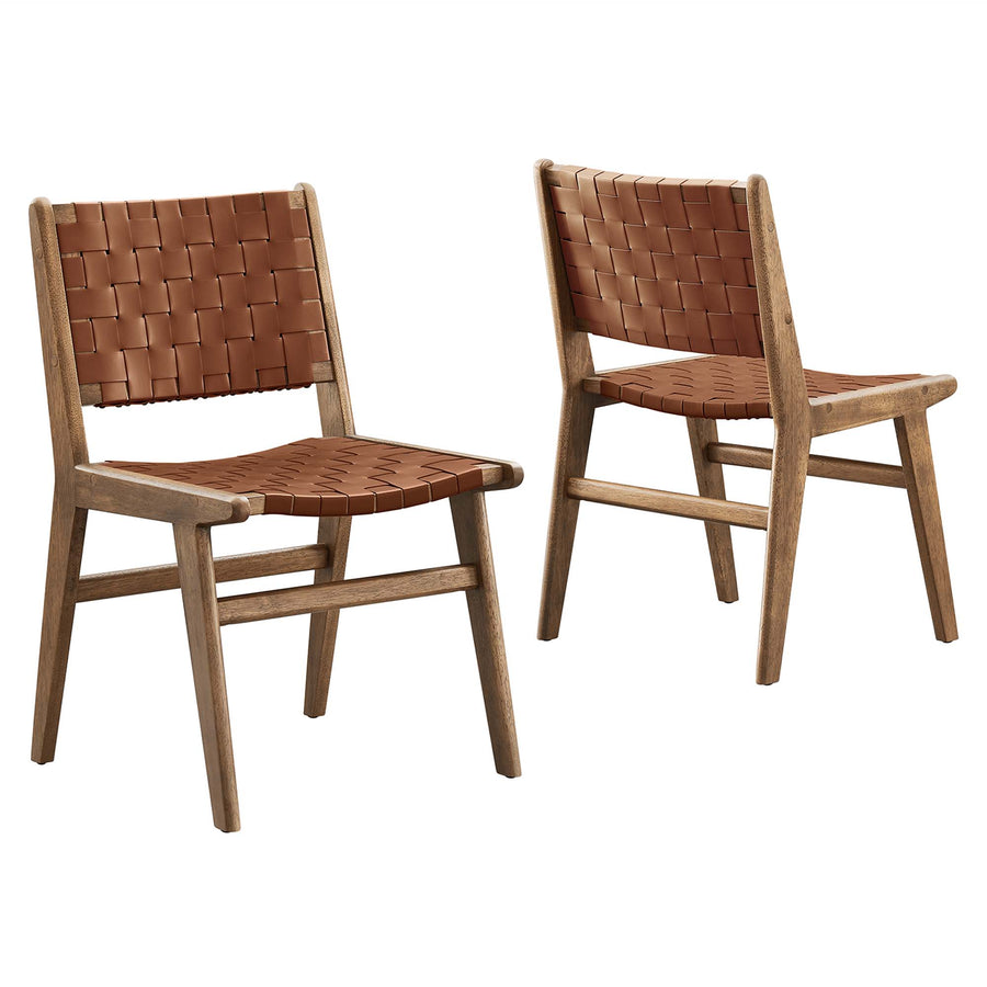 Aurora Leather Wood Dining Side Chair Set of 2 in Walnut Brown