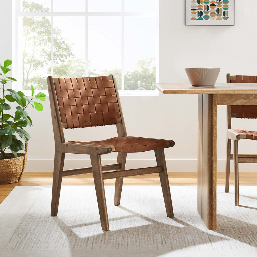 Aurora Leather Wood Dining Side Chair Set of 2 in Walnut Brown