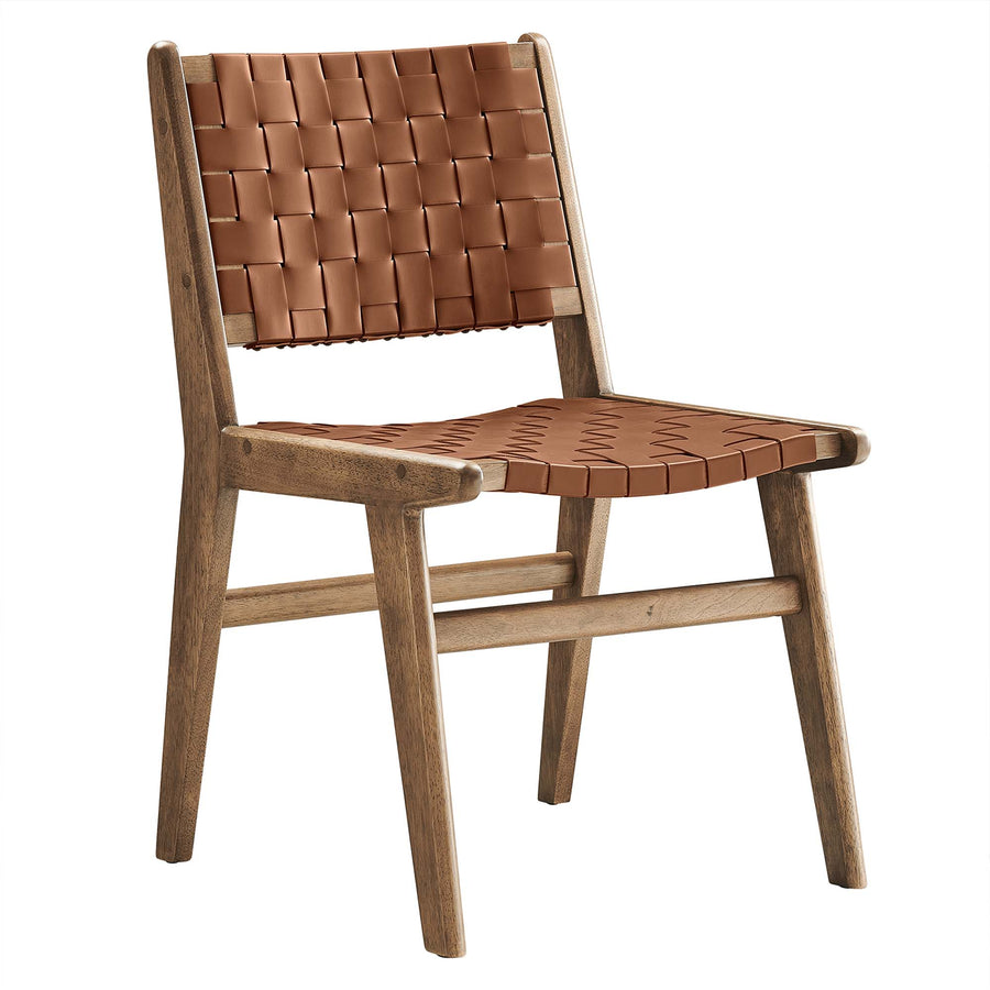 Aurora Leather Wood Dining Side Chair Set of 2 in Walnut Brown