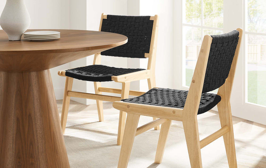 Aurora Woven Rope Wood Dining Side Chair Set of 2 in Natural Black