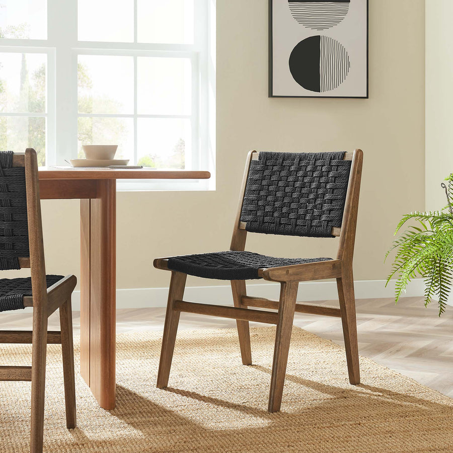 Aurora Woven Rope Wood Dining Side Chair Set of 2 in Walnutt Black