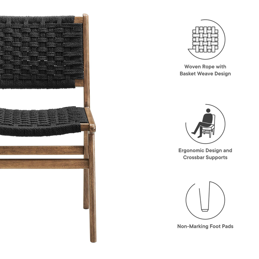 Aurora Woven Rope Wood Dining Side Chair Set of 2 in Walnutt Black