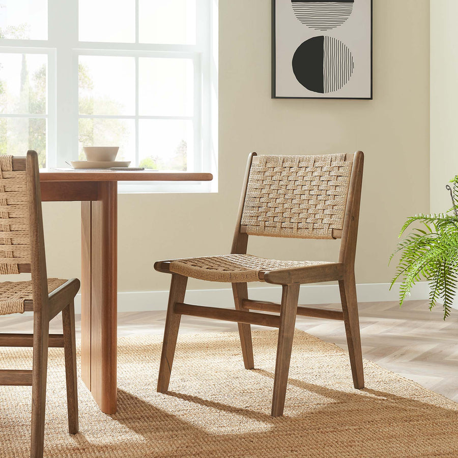 Aurora Woven Rope Wood Dining Side Chair Set of 2 in Walnut Natural