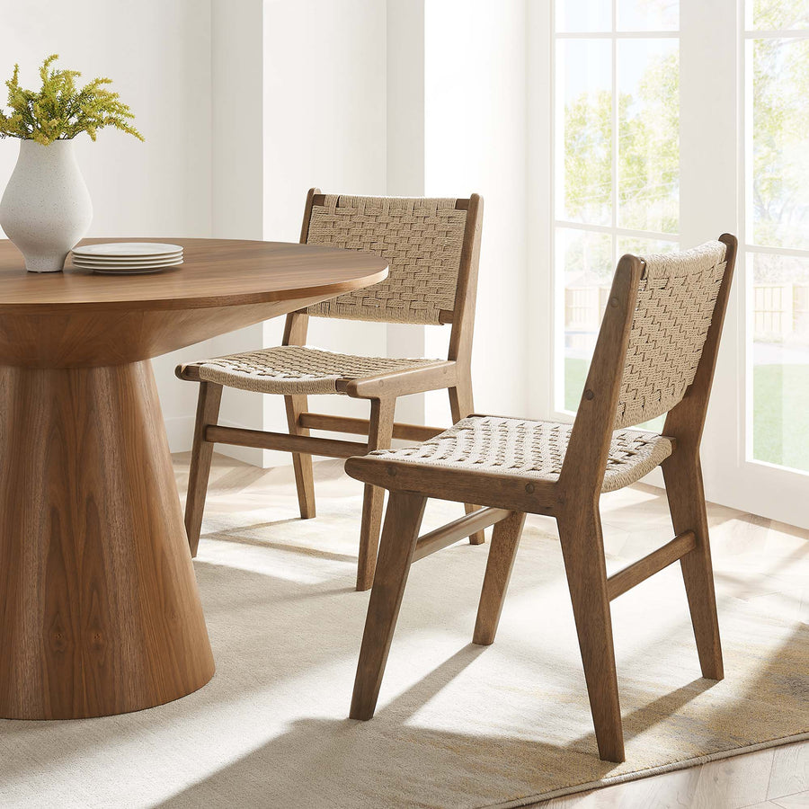 Aurora Woven Rope Wood Dining Side Chair Set of 2 in Walnut Natural