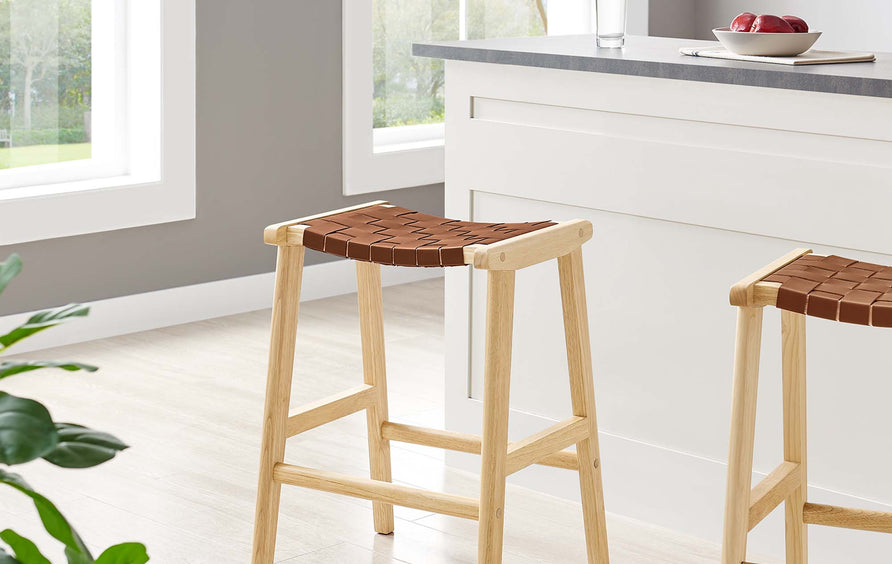 Aurora Faux Leather Wood Counter Stool Set of 2 in Natural Brown