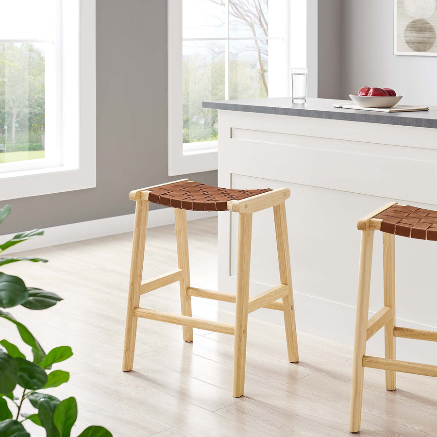 Aurora Faux Leather Wood Counter Stool Set of 2 in Natural Brown