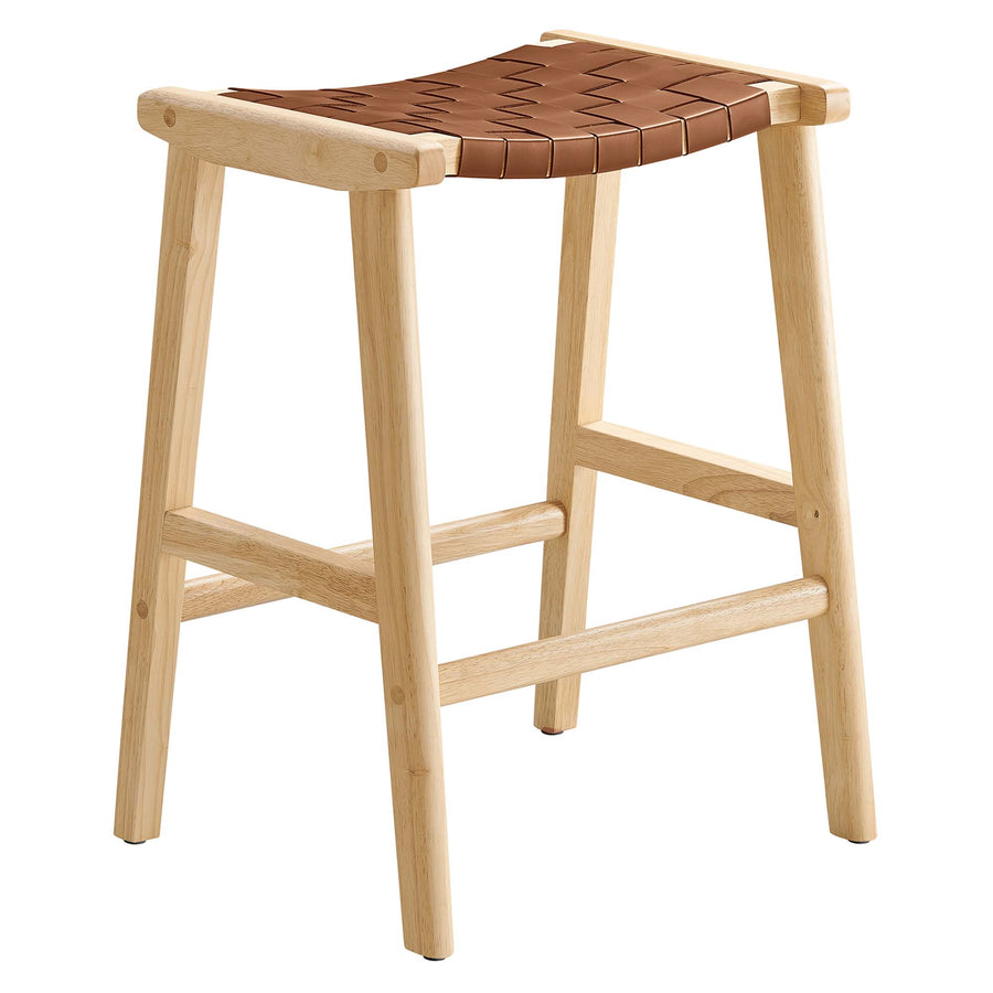 Aurora Faux Leather Wood Counter Stool Set of 2 in Natural Brown