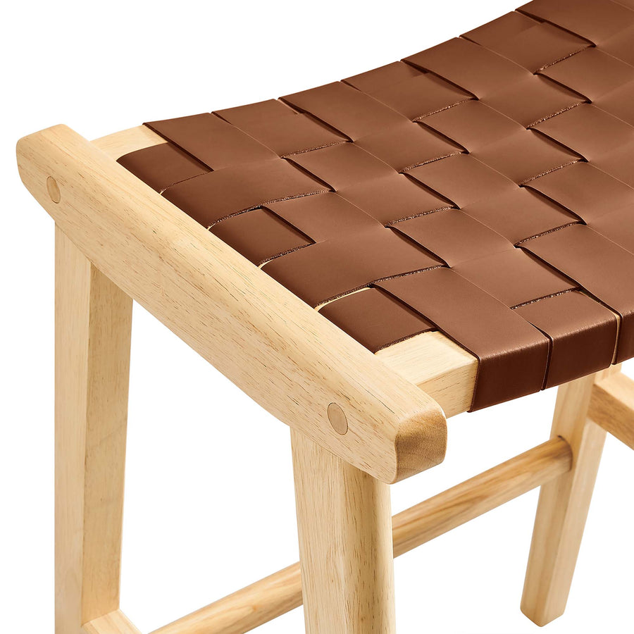 Aurora Faux Leather Wood Counter Stool Set of 2 in Natural Brown